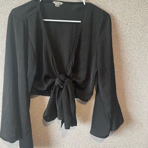 American Eagle Outfitters Black Tie Front Blouse with Bell Sleeves‎